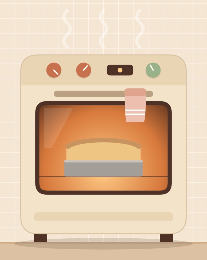 A kitchen oven with a sponge cake turning golden inside
